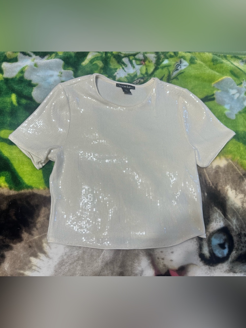 Christian Lacroix White Sequin Short Sleeve Top